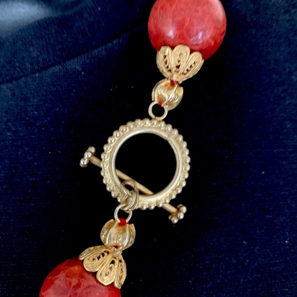 Large size red real Coral balls Necklace & Gold tone real silver Earrings 3 Pc - Picture 12 of 16